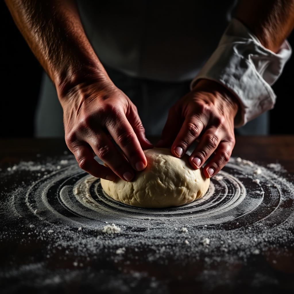 Pizzateig wird von Hand geknetet