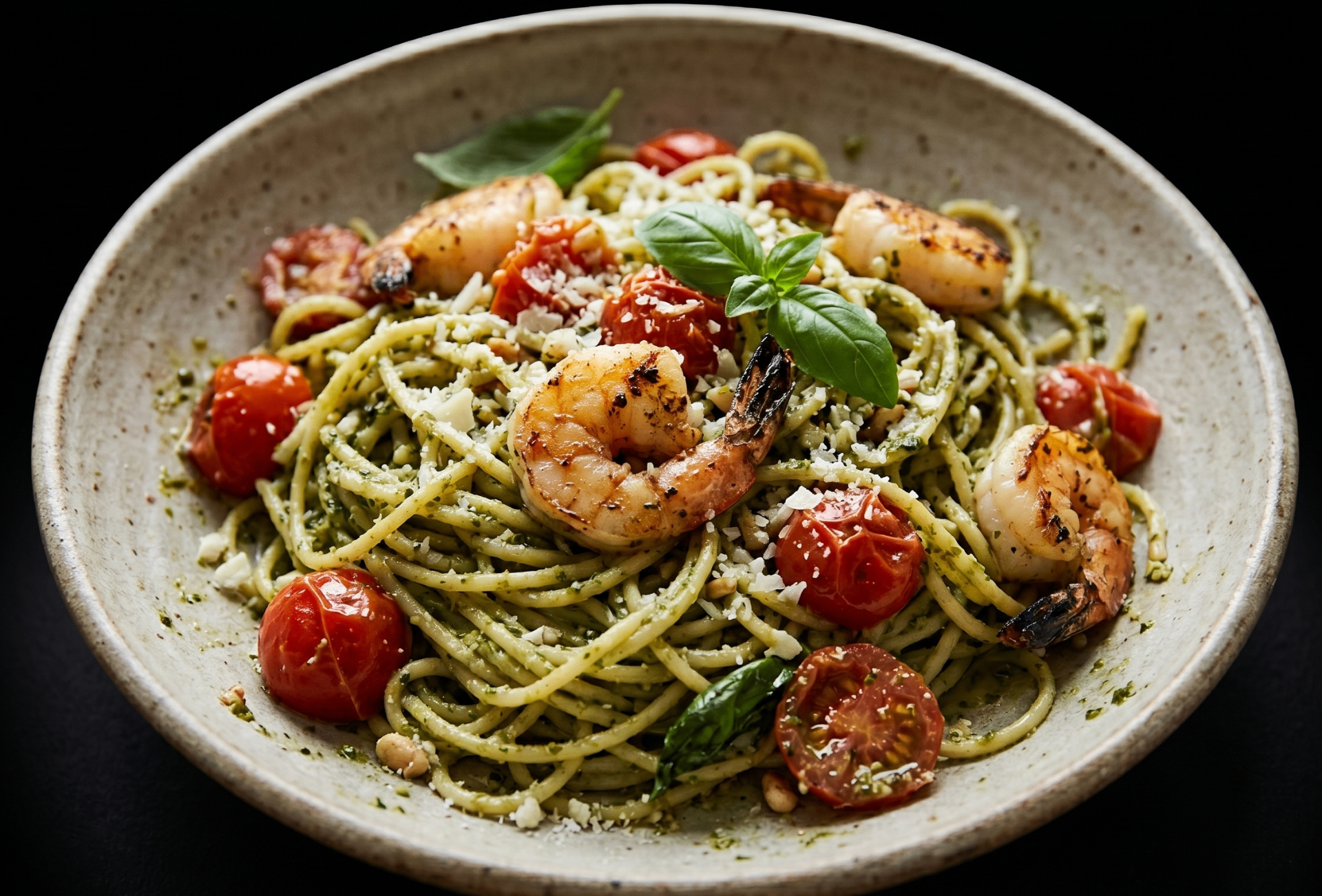 Spaghetti Pesto Verde con Gamberi